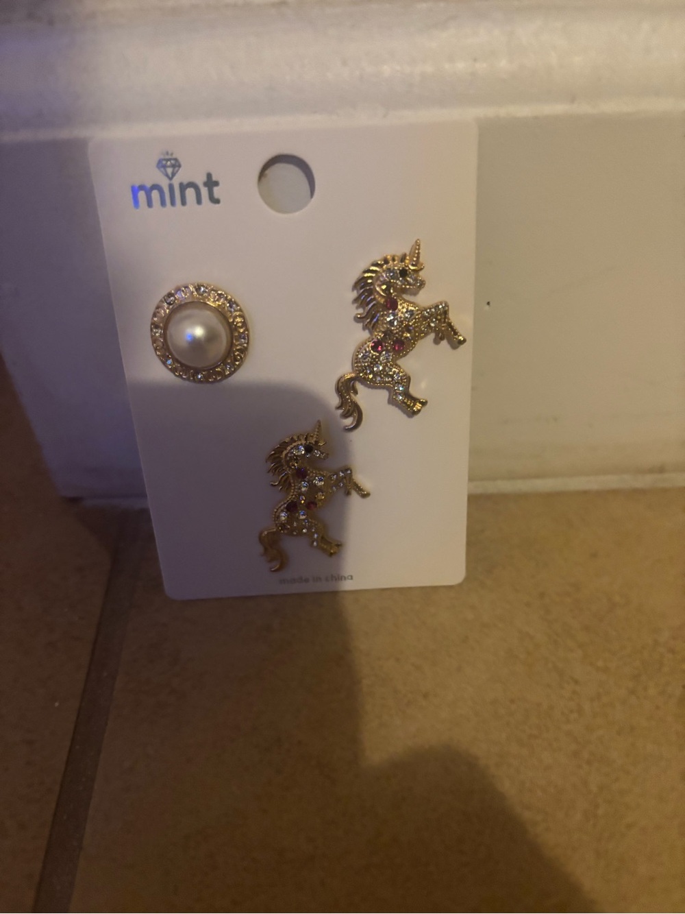 Mint  Gold Unicorn and Pearl Stud pin Set - Gold